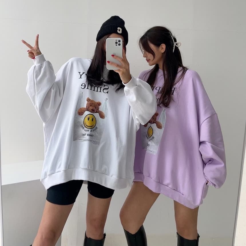 있음 선적 알파벳 만화 루즈핏 긴팔 후드티 여성 이미지 2