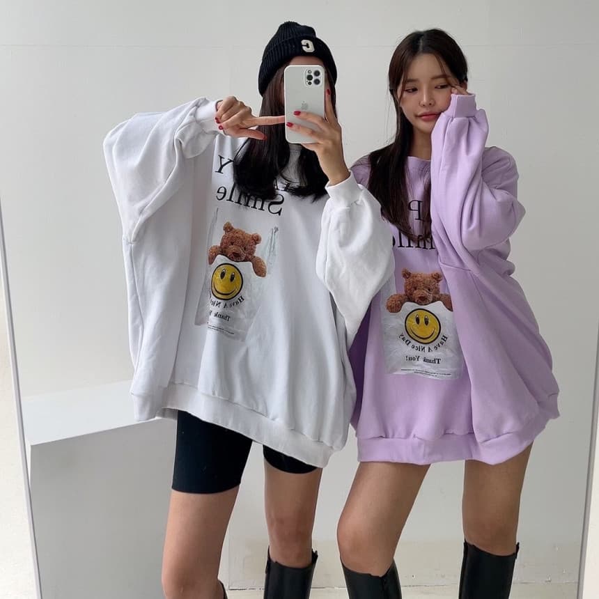 있음 선적 알파벳 만화 루즈핏 긴팔 후드티 여성 이미지 3
