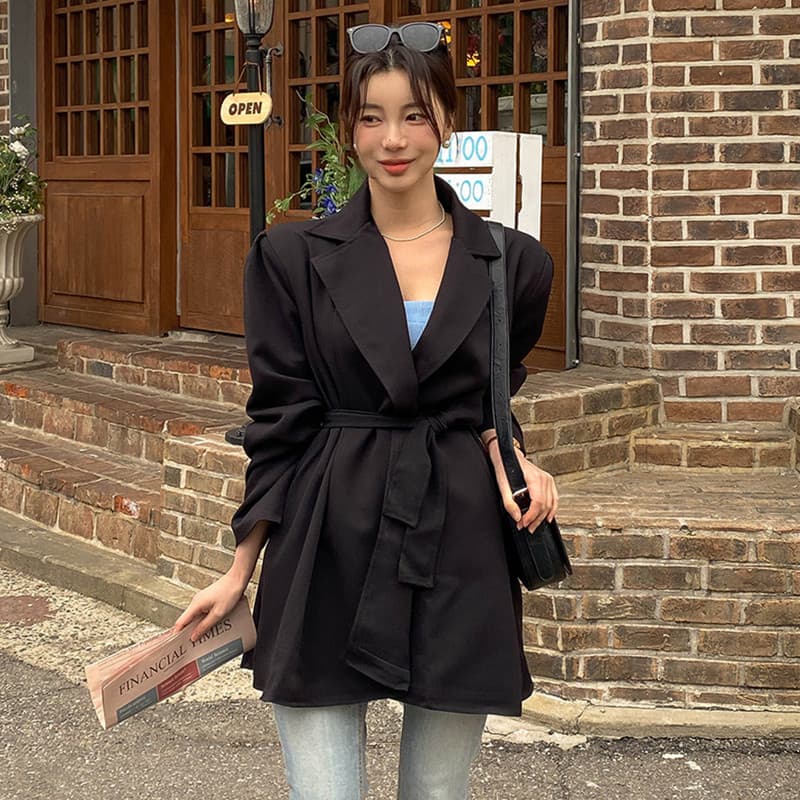 있음 선적 레이스업 허리 수축 루즈핏 정장 여성 코트 이미지 4