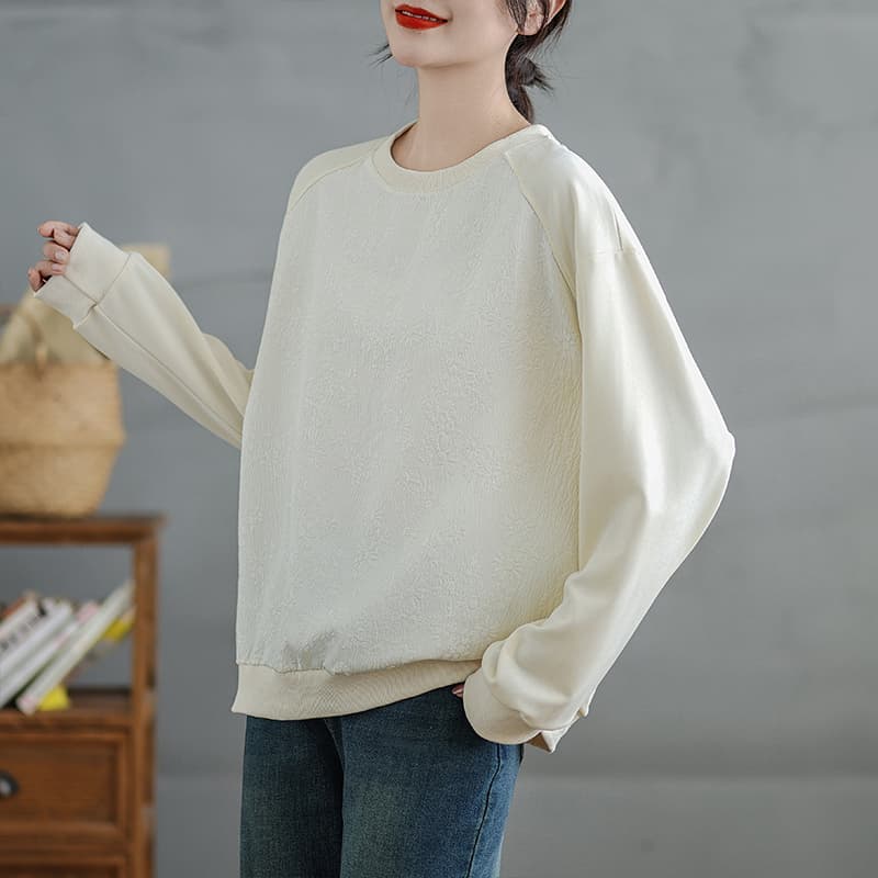 실사 문예 새틴 자카드 패치워크 질감 후드티 여성 가을 새로운 라운드 넥 루즈핏 느긋한 바람 긴팔 맨위 이미지 4