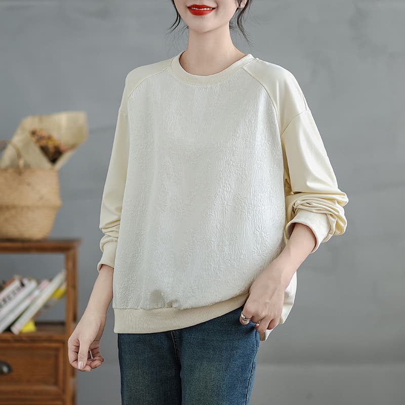 실사 문예 새틴 자카드 패치워크 질감 후드티 여성 가을 새로운 라운드 넥 루즈핏 느긋한 바람 긴팔 맨위 이미지 2