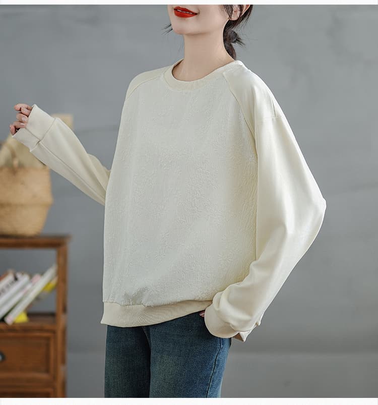 실사 문예 새틴 자카드 패치워크 질감 후드티 여성 가을 새로운 라운드 넥 루즈핏 느긋한 바람 긴팔 맨위 상세 이미지 9