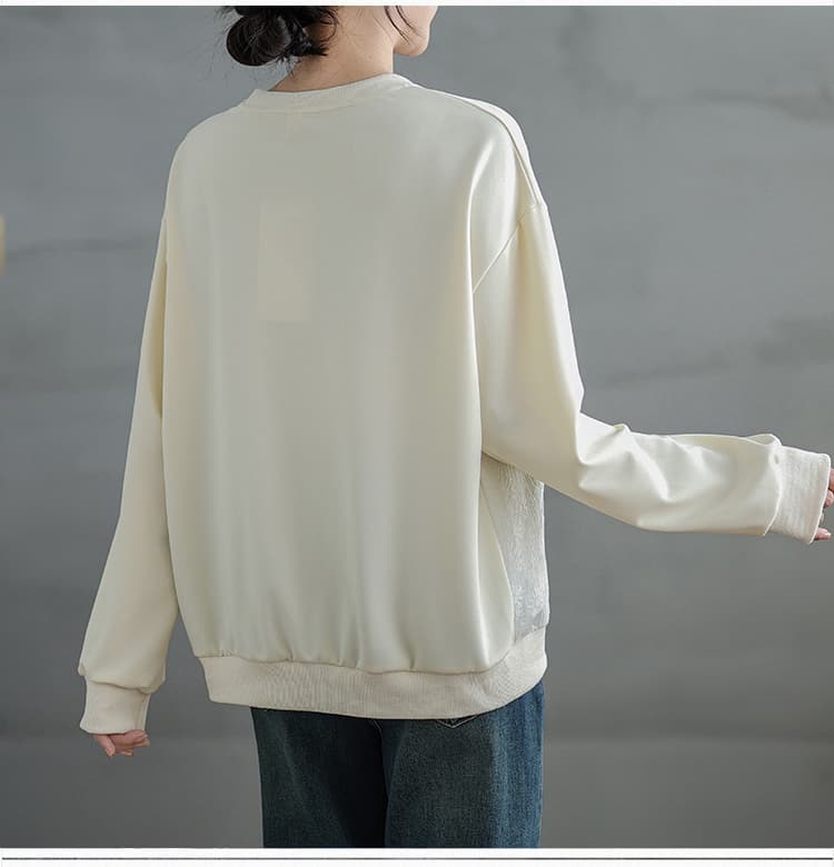 실사 문예 새틴 자카드 패치워크 질감 후드티 여성 가을 새로운 라운드 넥 루즈핏 느긋한 바람 긴팔 맨위 상세 이미지 10