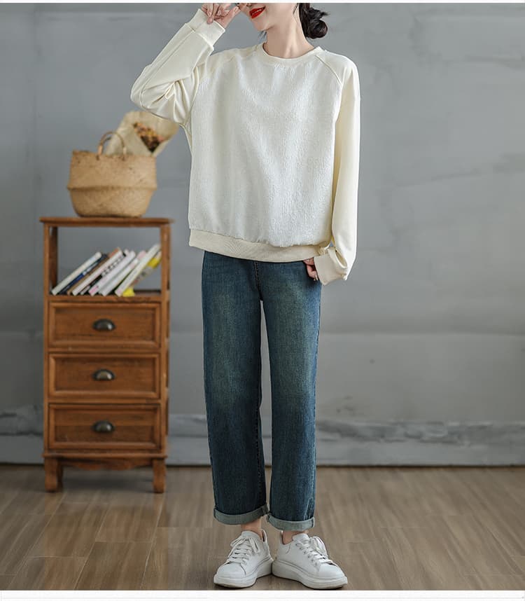 실사 문예 새틴 자카드 패치워크 질감 후드티 여성 가을 새로운 라운드 넥 루즈핏 느긋한 바람 긴팔 맨위 상세 이미지 11