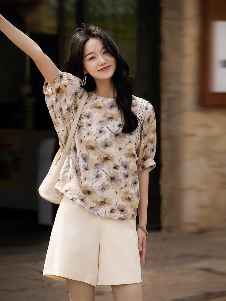 패션 우아함 통기성 상쾌 면 린넨 프린트 벌룬 소매 셔츠 맨위 여성 여름 상세 이미지 2