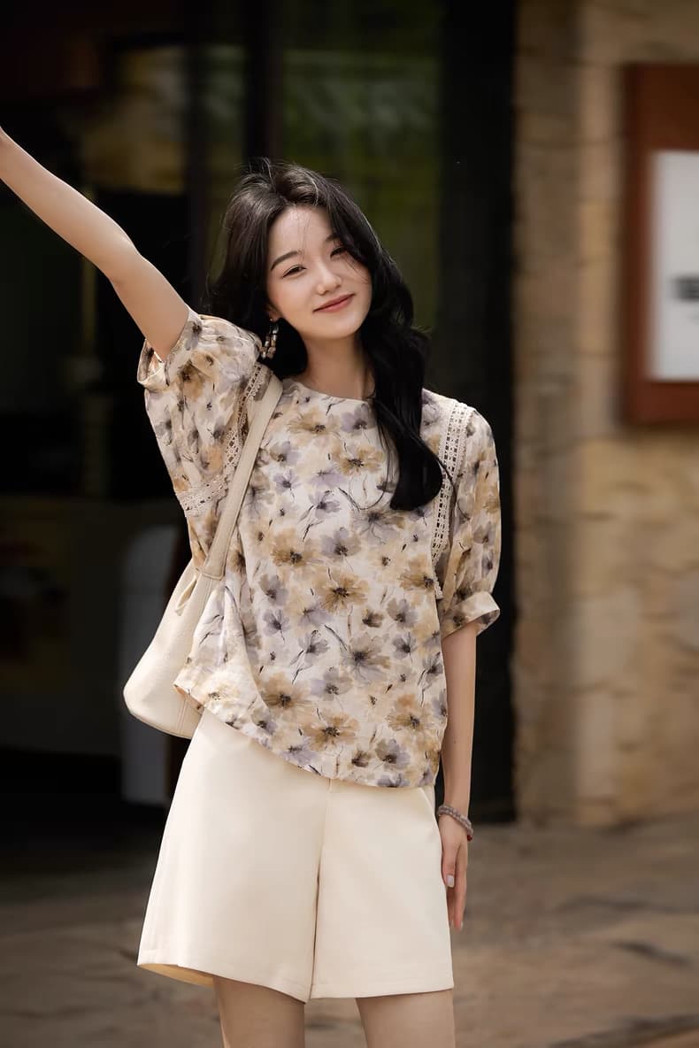 패션 우아함 통기성 상쾌 면 린넨 프린트 벌룬 소매 셔츠 맨위 여성 여름 상세 이미지 5