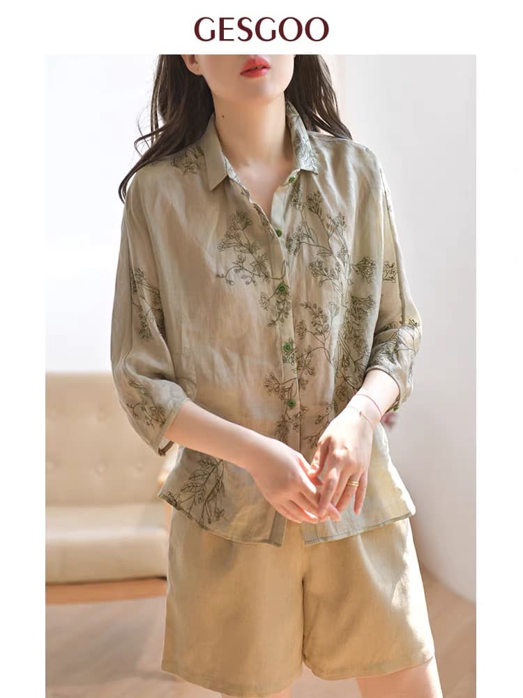 패션 면 린넨 여성 셔츠 여름 새로운 출퇴근 자외선 차단 셔츠 레트로 문예 맨위 상세 이미지 2