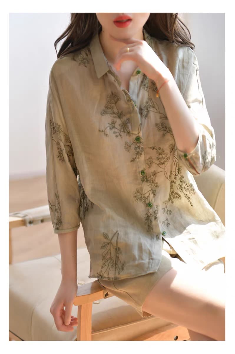 패션 면 린넨 여성 셔츠 여름 새로운 출퇴근 자외선 차단 셔츠 레트로 문예 맨위 상세 이미지 15