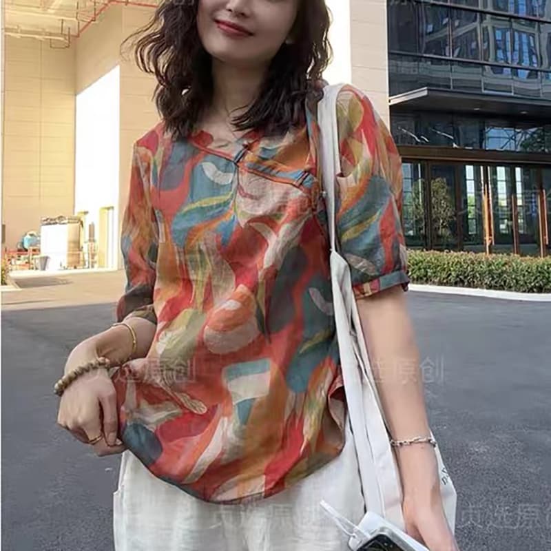 경관 인터넷 V넥 면 린넨 프린트 여성 셔츠 여름 새로운 패션 다용도 루즈핏 슬림해 보이는 얇은 스타일 풀오버 맨위