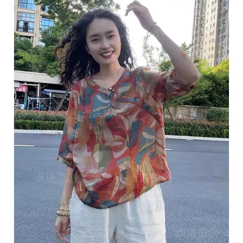 경관 인터넷 V넥 면 린넨 프린트 여성 셔츠 여름 새로운 패션 다용도 루즈핏 슬림해 보이는 얇은 스타일 풀오버 맨위 이미지 3