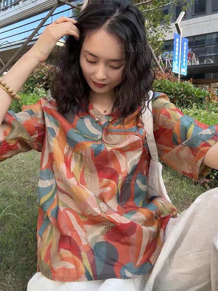 경관 인터넷 V넥 면 린넨 프린트 여성 셔츠 여름 새로운 패션 다용도 루즈핏 슬림해 보이는 얇은 스타일 풀오버 맨위 상세 이미지 1