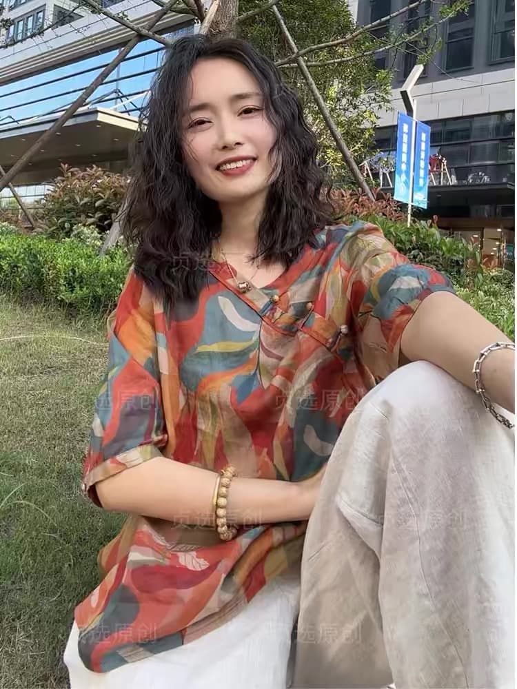 경관 인터넷 V넥 면 린넨 프린트 여성 셔츠 여름 새로운 패션 다용도 루즈핏 슬림해 보이는 얇은 스타일 풀오버 맨위 상세 이미지 2