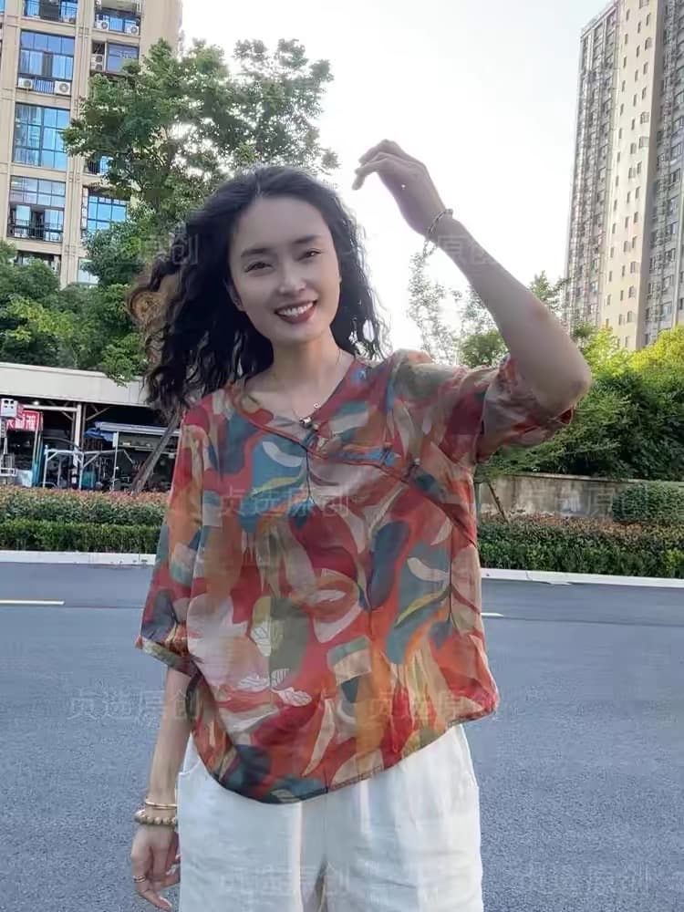경관 인터넷 V넥 면 린넨 프린트 여성 셔츠 여름 새로운 패션 다용도 루즈핏 슬림해 보이는 얇은 스타일 풀오버 맨위 상세 이미지 3