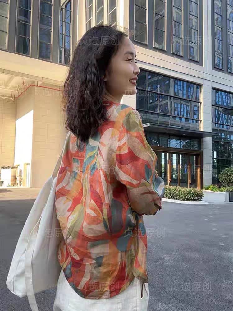 경관 인터넷 V넥 면 린넨 프린트 여성 셔츠 여름 새로운 패션 다용도 루즈핏 슬림해 보이는 얇은 스타일 풀오버 맨위 상세 이미지 4