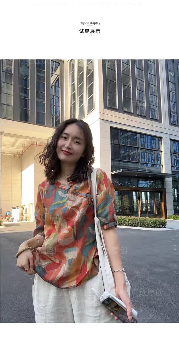 경관 인터넷 V넥 면 린넨 프린트 여성 셔츠 여름 새로운 패션 다용도 루즈핏 슬림해 보이는 얇은 스타일 풀오버 맨위 상세 이미지 6
