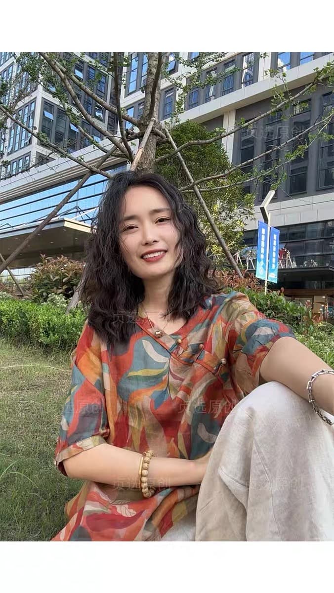 경관 인터넷 V넥 면 린넨 프린트 여성 셔츠 여름 새로운 패션 다용도 루즈핏 슬림해 보이는 얇은 스타일 풀오버 맨위 상세 이미지 9