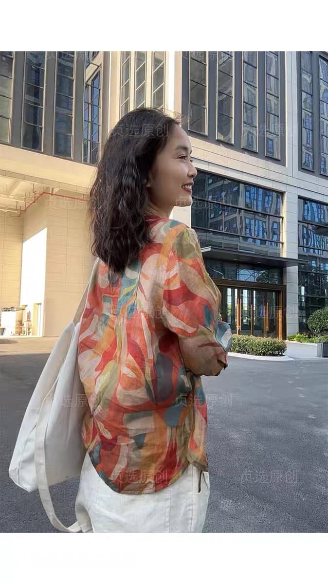 경관 인터넷 V넥 면 린넨 프린트 여성 셔츠 여름 새로운 패션 다용도 루즈핏 슬림해 보이는 얇은 스타일 풀오버 맨위 상세 이미지 10