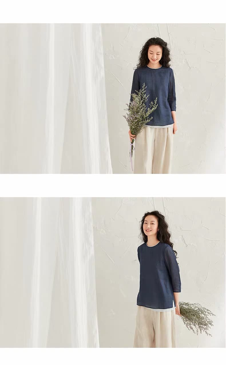 패치워크 배색 면 린넨 셔츠 여성 가을 여름 라운드 넥 파란색 셔츠 루즈핏 캐주얼 미니멀리즘 맨위 상세 이미지 12