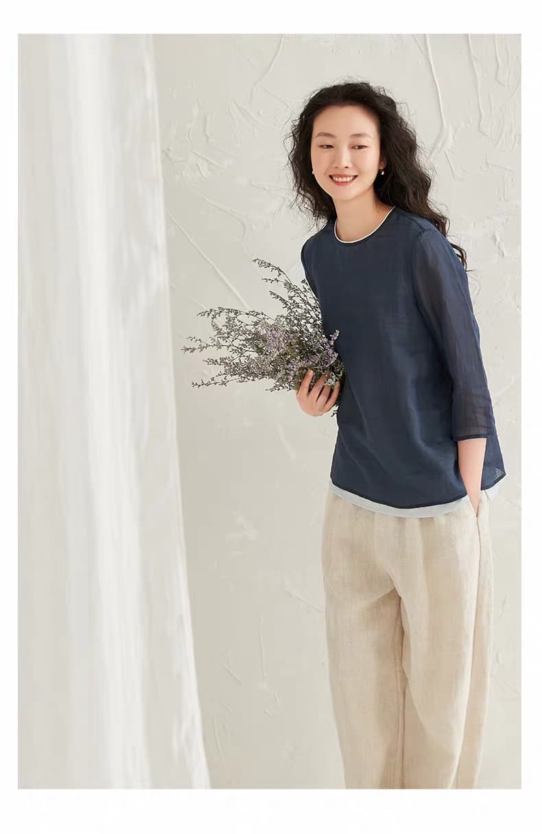 패치워크 배색 면 린넨 셔츠 여성 가을 여름 라운드 넥 파란색 셔츠 루즈핏 캐주얼 미니멀리즘 맨위 상세 이미지 13