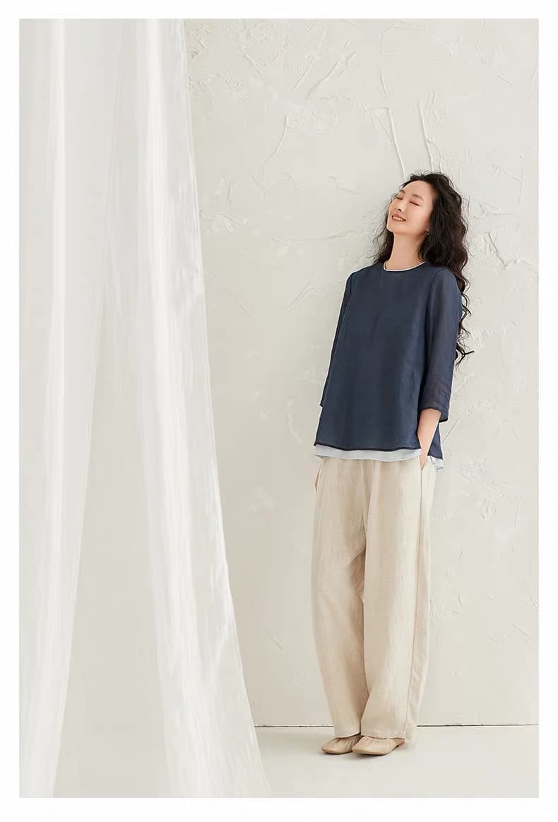 패치워크 배색 면 린넨 셔츠 여성 가을 여름 라운드 넥 파란색 셔츠 루즈핏 캐주얼 미니멀리즘 맨위 상세 이미지 14