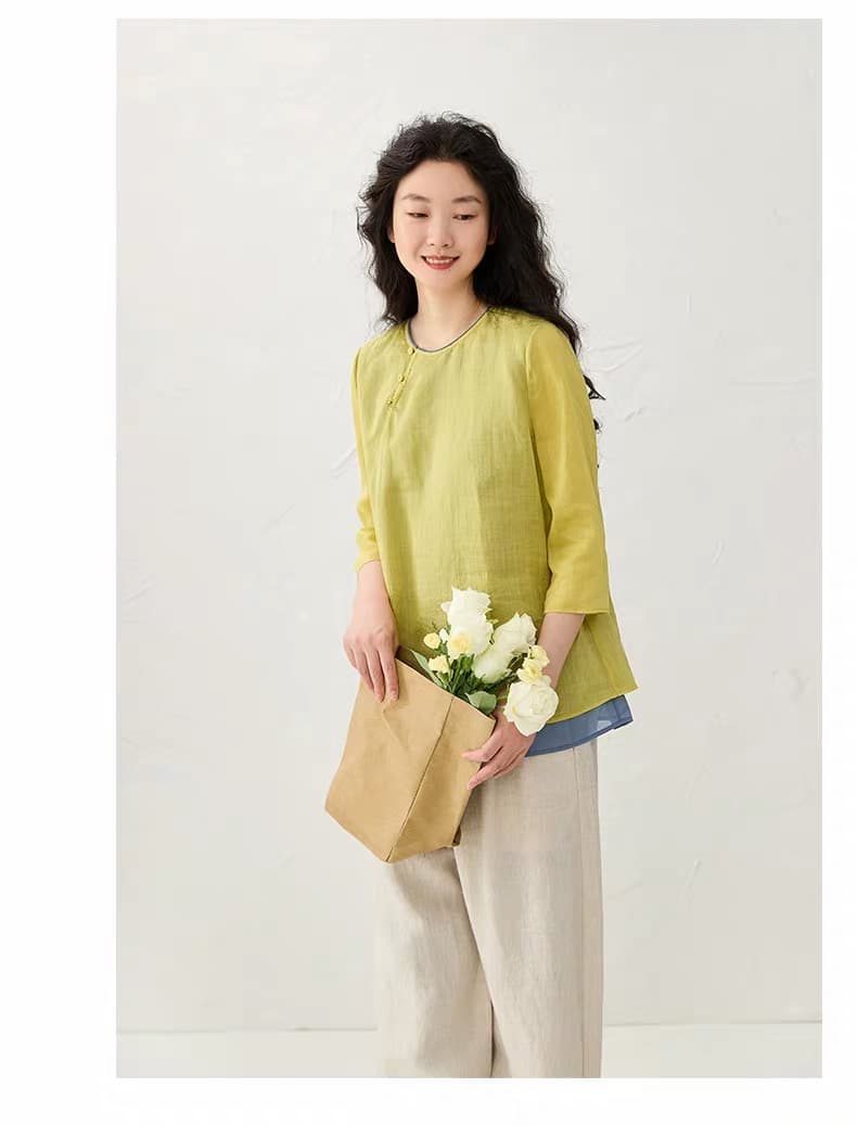 새로운 중식 이중층 배색 여성 셔츠 가을 새로운 루즈핏 슬림해 보이는 Chic 디자인 센스 라운드 넥 7부 소매 맨위 상세 이미지 9