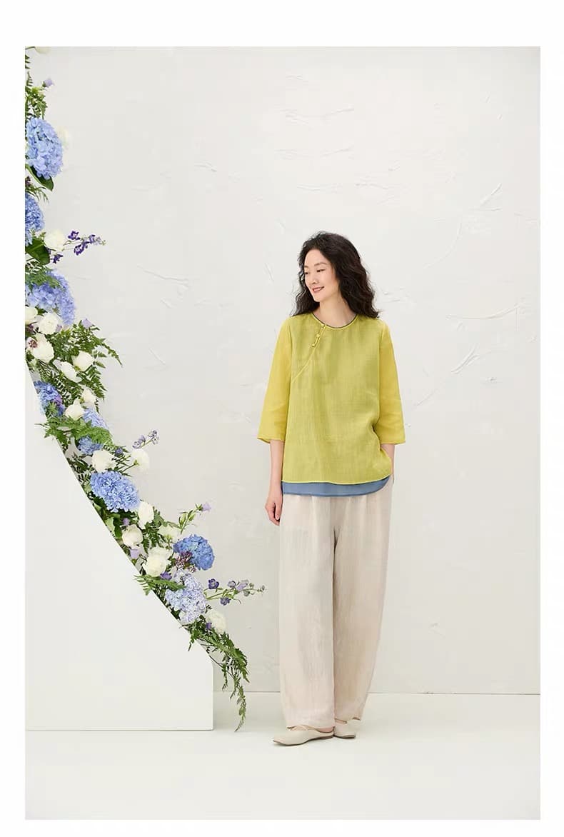 새로운 중식 이중층 배색 여성 셔츠 가을 새로운 루즈핏 슬림해 보이는 Chic 디자인 센스 라운드 넥 7부 소매 맨위 상세 이미지 10