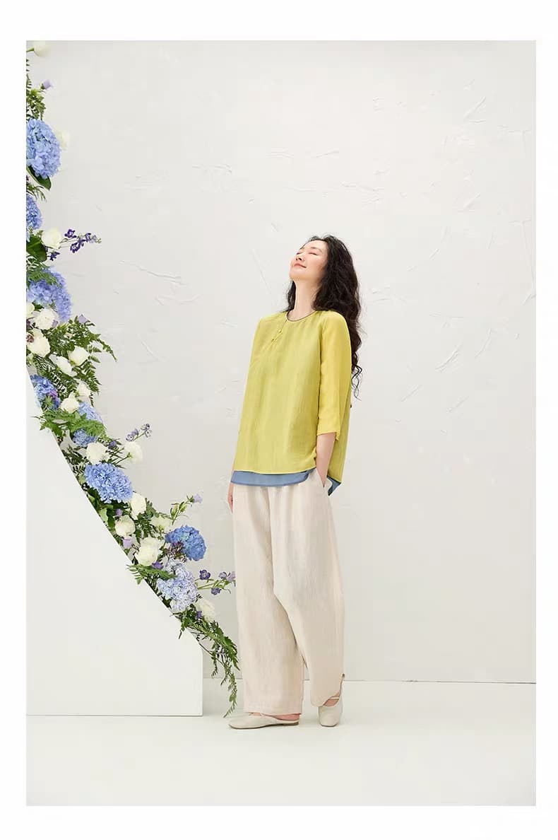새로운 중식 이중층 배색 여성 셔츠 가을 새로운 루즈핏 슬림해 보이는 Chic 디자인 센스 라운드 넥 7부 소매 맨위 상세 이미지 11