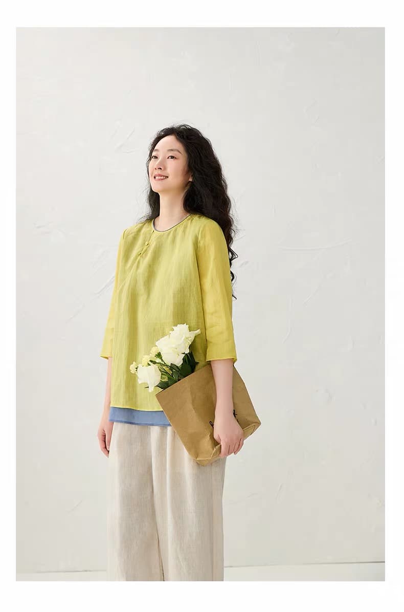 새로운 중식 이중층 배색 여성 셔츠 가을 새로운 루즈핏 슬림해 보이는 Chic 디자인 센스 라운드 넥 7부 소매 맨위 상세 이미지 15