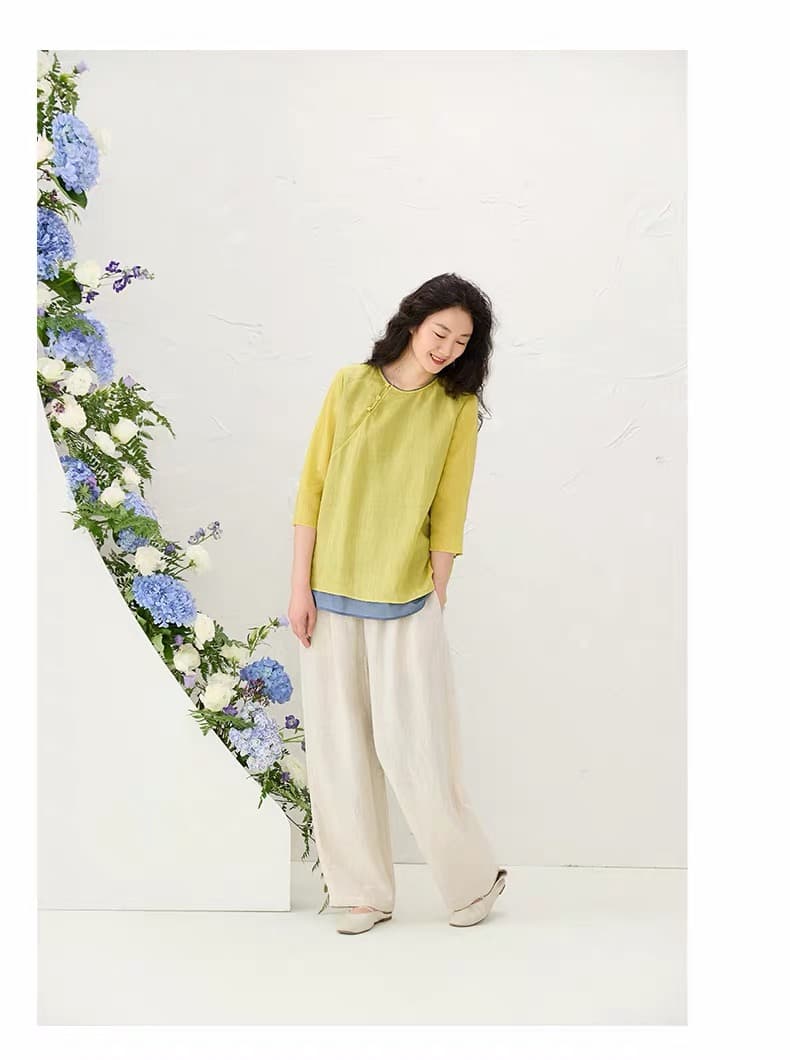 새로운 중식 이중층 배색 여성 셔츠 가을 새로운 루즈핏 슬림해 보이는 Chic 디자인 센스 라운드 넥 7부 소매 맨위 상세 이미지 16