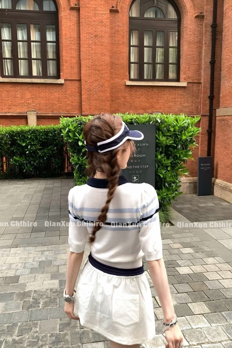 산소 부서 여고생 니트 여름 스트라이프 배색 디자인 반신 스커트 사전 여름 통기성 트렌드 펌프 로프 슬리브 이미지 6