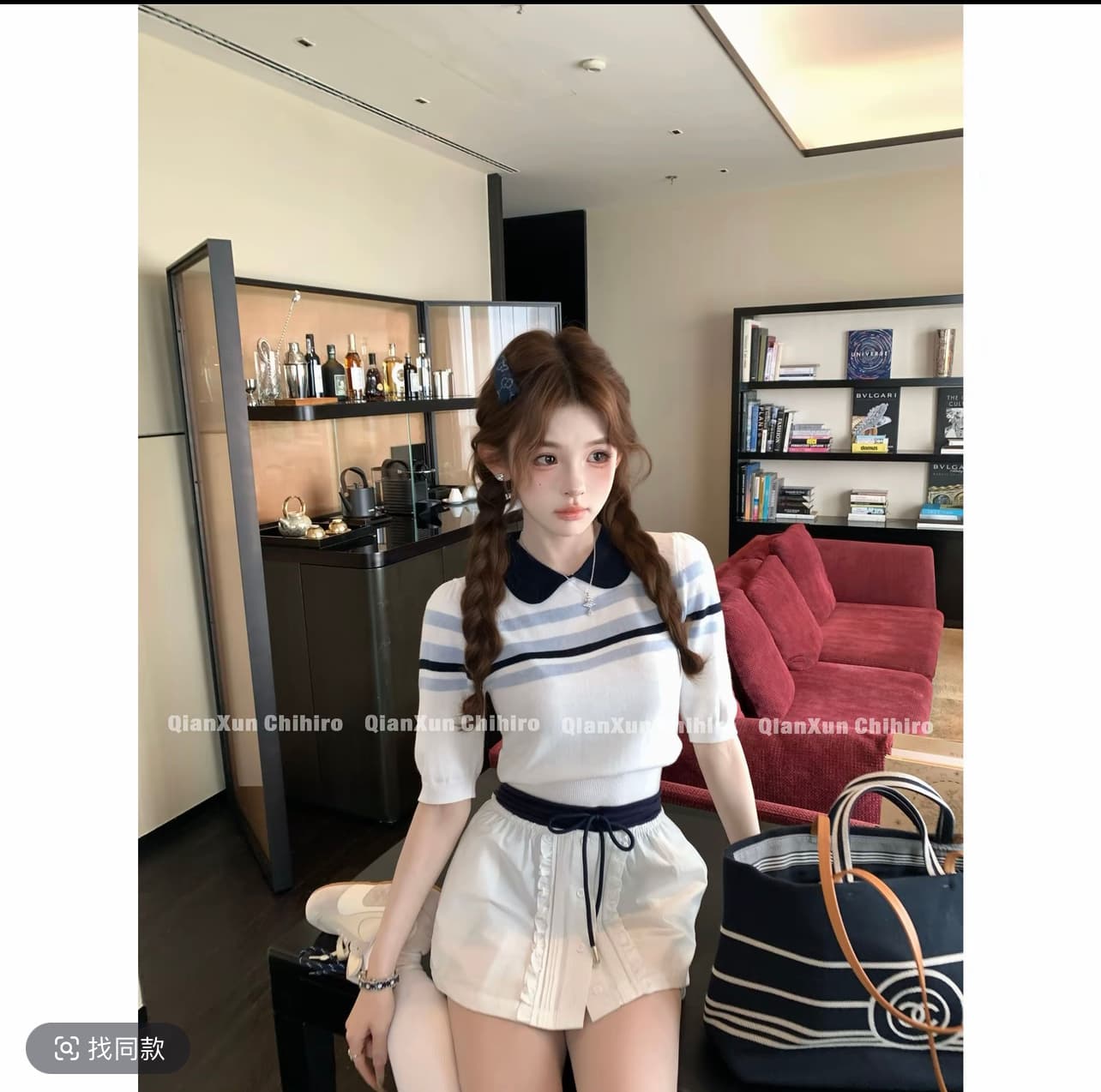 산소 부서 여고생 니트 여름 스트라이프 배색 디자인 반신 스커트 사전 여름 통기성 트렌드 펌프 로프 슬리브 상세 이미지 4