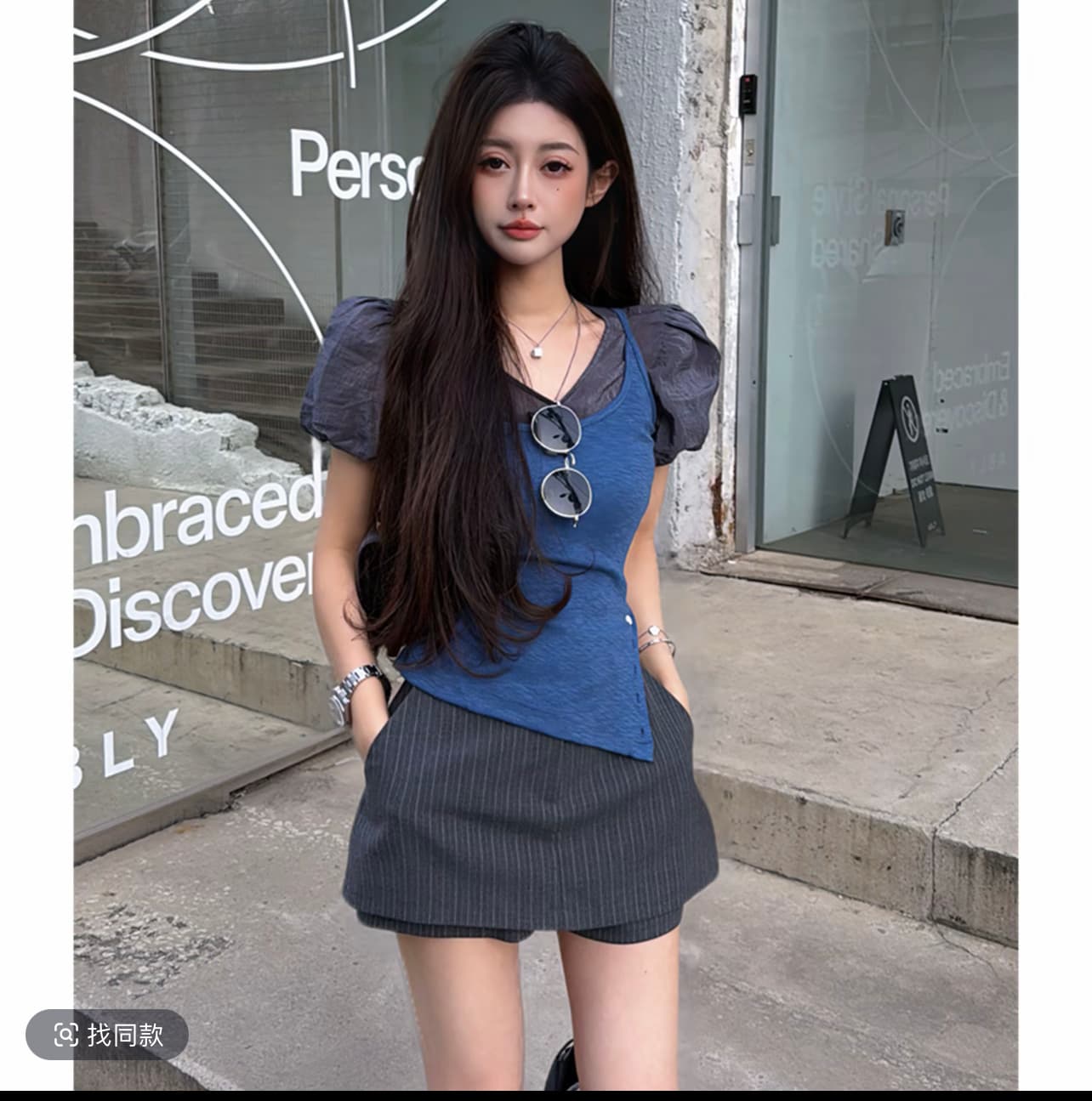 21degrees ~을 통해 회색 거품 소매 맨위 톰 글 래 원인 블루 단추 불규칙 슬립 회색 스트라이프 정장 치마바지 상세 이미지 1