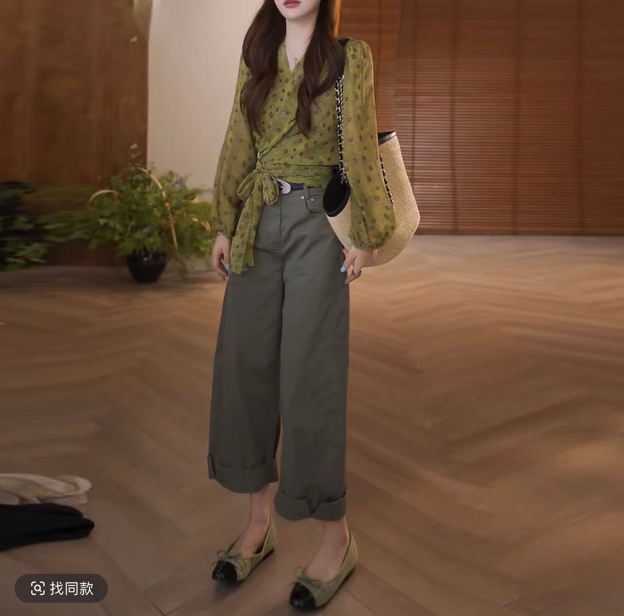 boxue 치자 나무 녹색 고급 센스 꽃무늬 스트랩 소포 오픈 가디건 빛 럭셔리 면 100% 모통이 칼 루즈핏 캐주얼 바지 상세 이미지 3