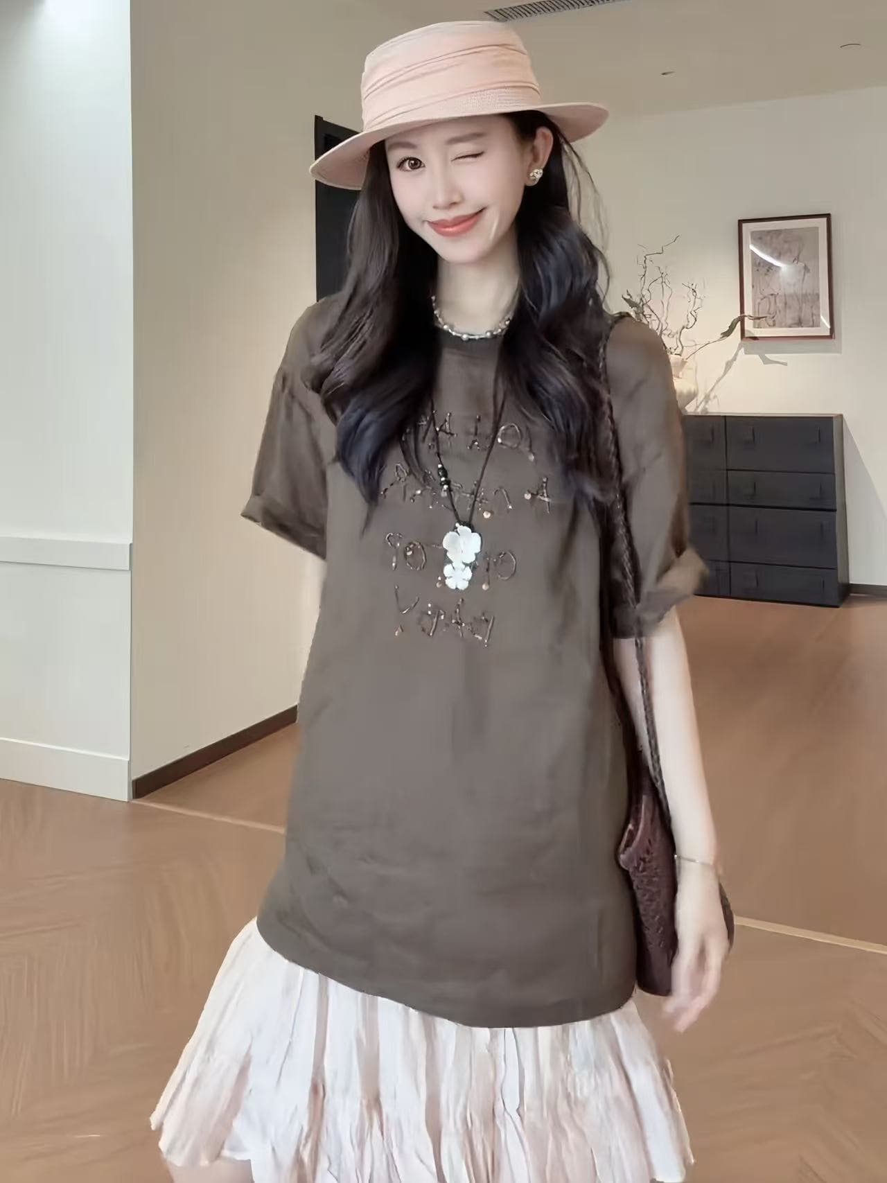 绯 색상 남자 여름 100 라미 느슨함 슬림해 보이는 프린트 라운드 넥 반팔 티셔츠 불규칙 플리츠 반신 스커트 상세 이미지 1