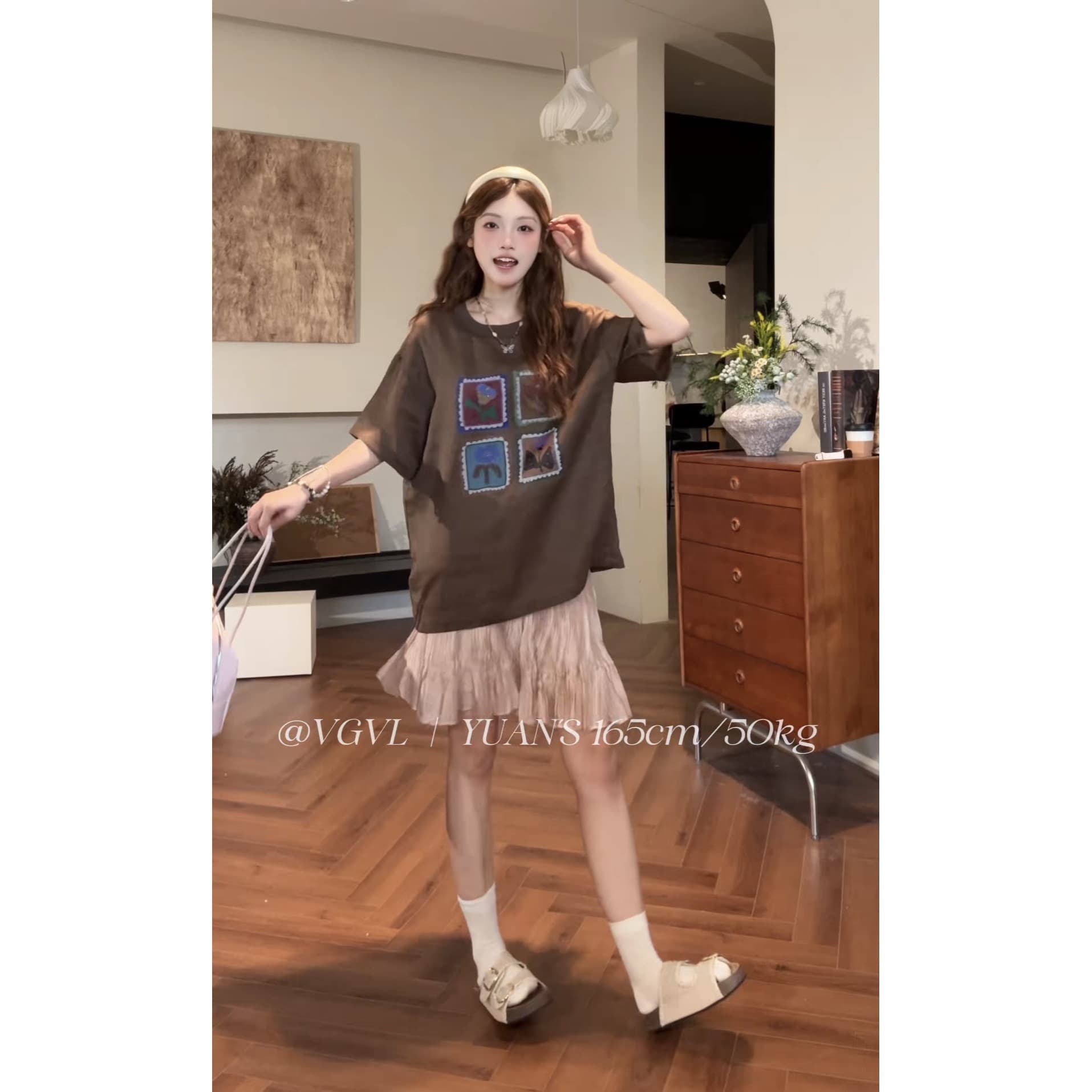한 부서 네 궁전 그리드 프린트 반팔 t 반 스커트 세트 상세 이미지 5