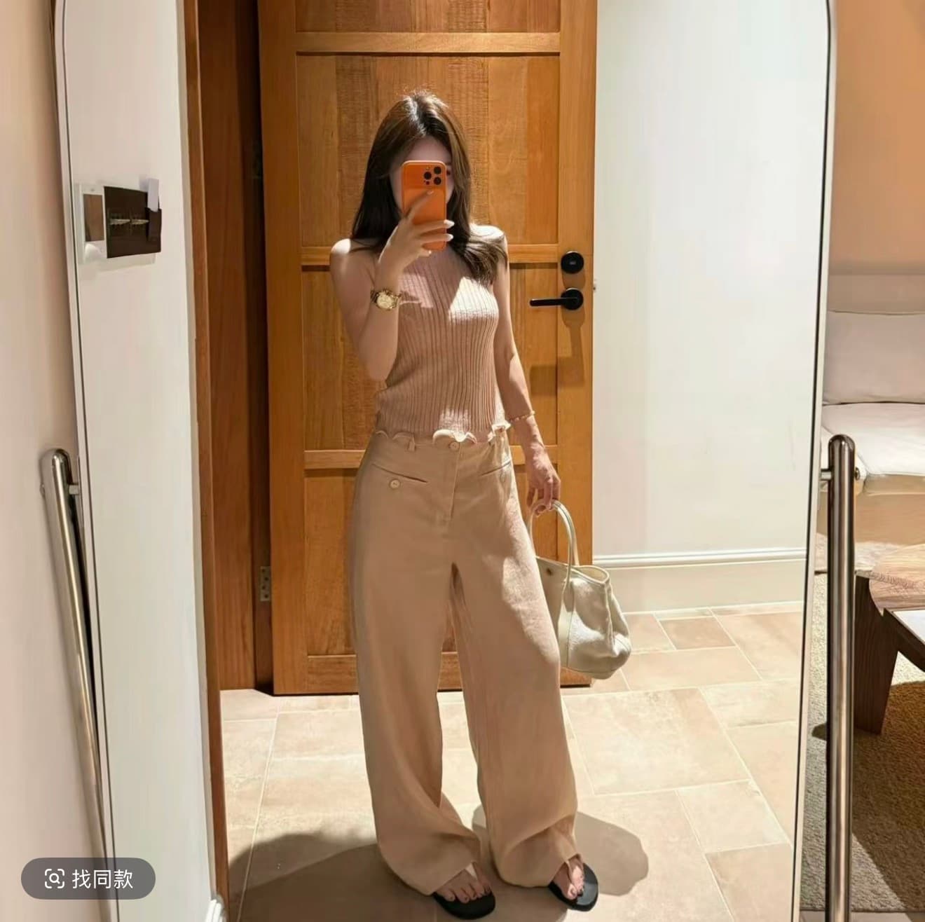 반하이넥 여름 몸매 가꾸기 민소매 밑단 볼륨 측면 작은 셔츠 얇은 스타일 캐주얼 바지 슬림해 보이는 루즈핏 넓은 다리 바닥 청소 바지 이미지 4