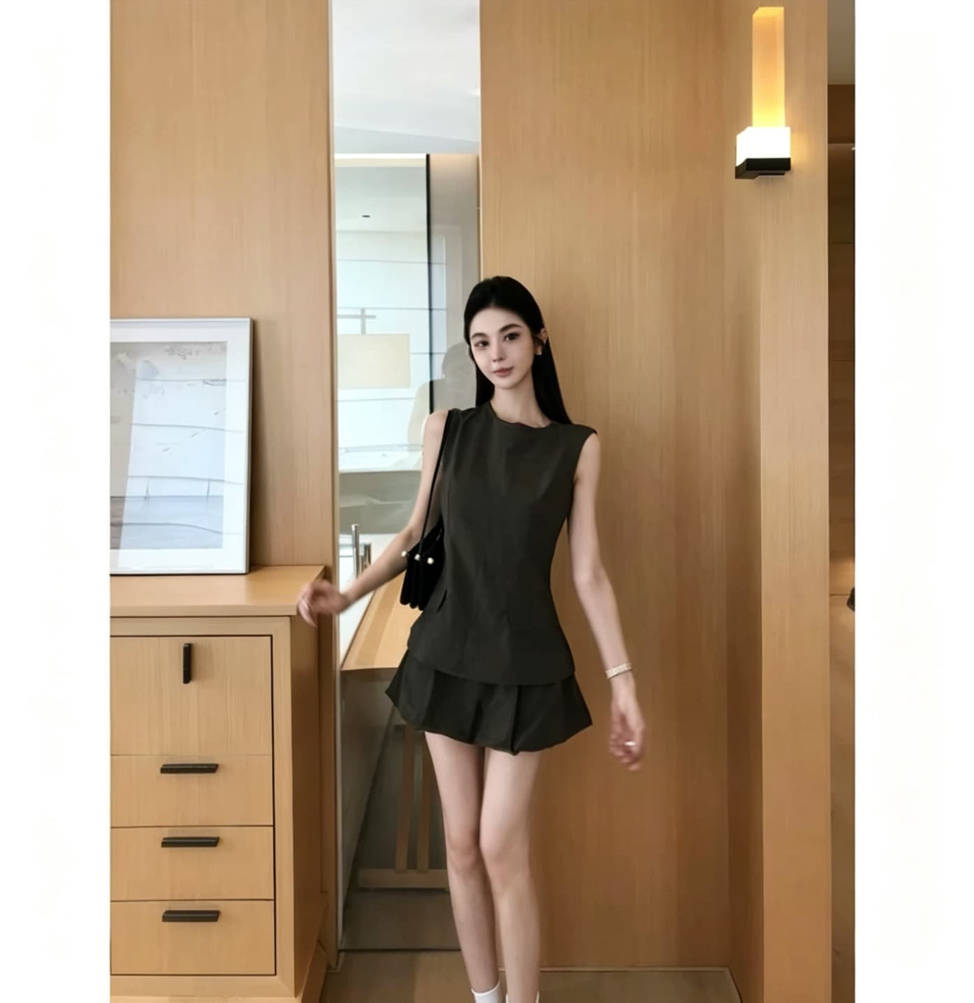 린 천 입력 일광 섬 새로운 품격 슬림해 보이는 연령 감소 캐주얼 천 골드 센스 쇼트 스타일 패션 세트 상세 이미지 2
