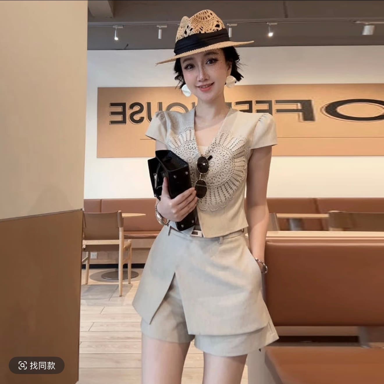 xiaobai 여름 레트로 홀로우 아웃 디자인 센스 슬림해 보이는 맨위 반바지 패션 세트 상세 이미지 1