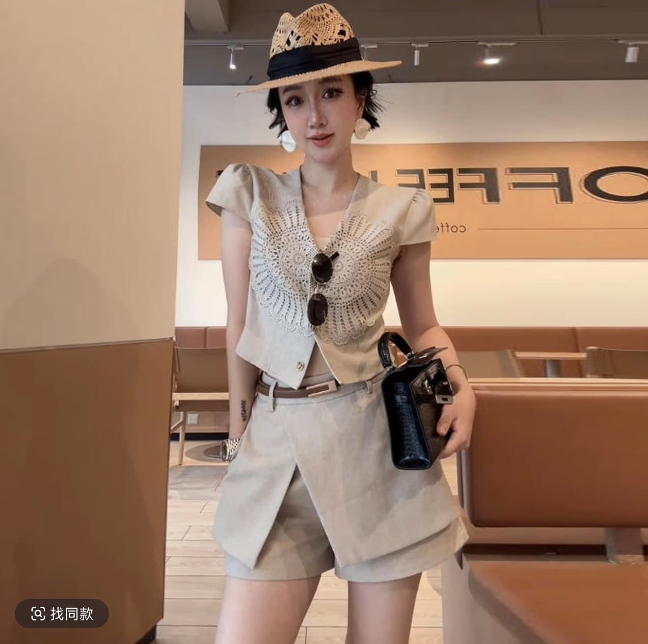 xiaobai 여름 레트로 홀로우 아웃 디자인 센스 슬림해 보이는 맨위 반바지 패션 세트 상세 이미지 2