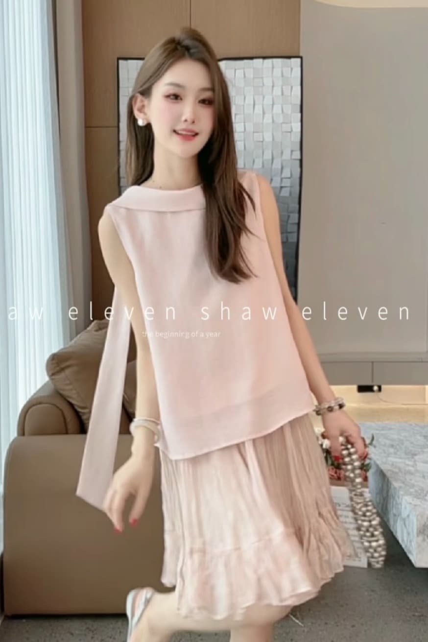 shaweleven 디자이너 높음 세트 고급 센스 알몸의 분말 라운드 넥 민소매 맨위 프릴 반신 스커트 이미지 6