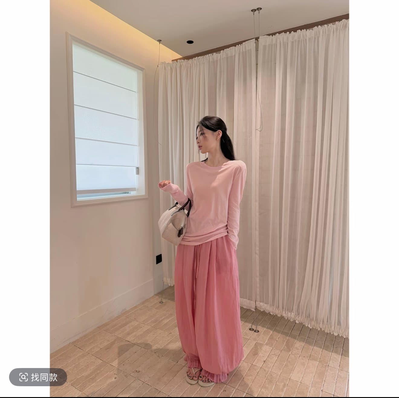 라미 여름 새로운 프릴 질감 루즈핏 슬림해 보이는 넓은 다리 캐주얼 조거 바지 기초 섹션 얼음 실크 티셔츠 상세 이미지 2