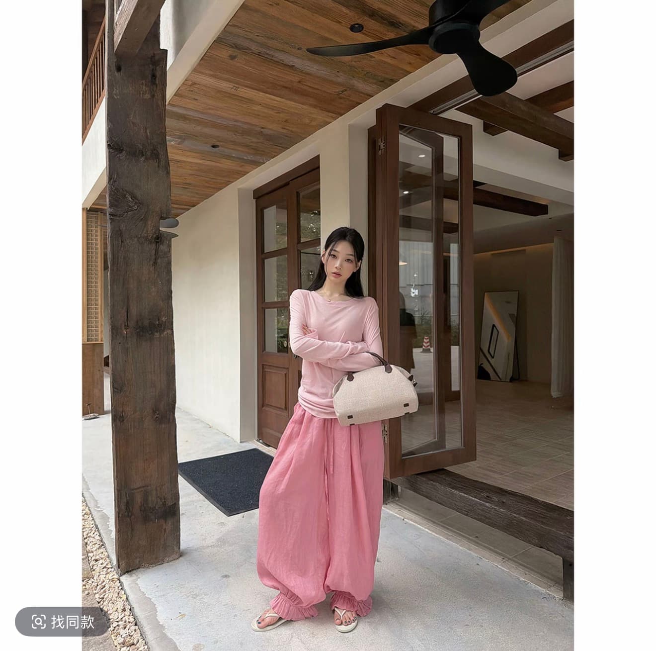 라미 여름 새로운 프릴 질감 루즈핏 슬림해 보이는 넓은 다리 캐주얼 조거 바지 기초 섹션 얼음 실크 티셔츠 상세 이미지 3