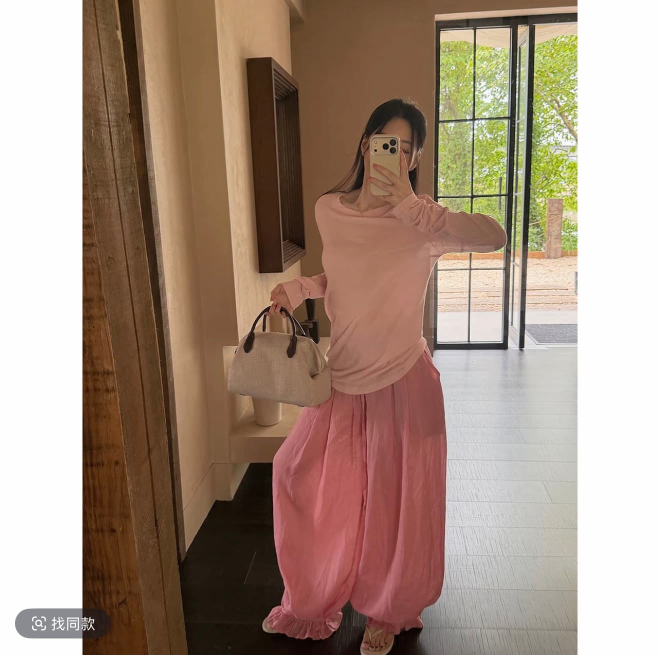 라미 여름 새로운 프릴 질감 루즈핏 슬림해 보이는 넓은 다리 캐주얼 조거 바지 기초 섹션 얼음 실크 티셔츠 상세 이미지 4