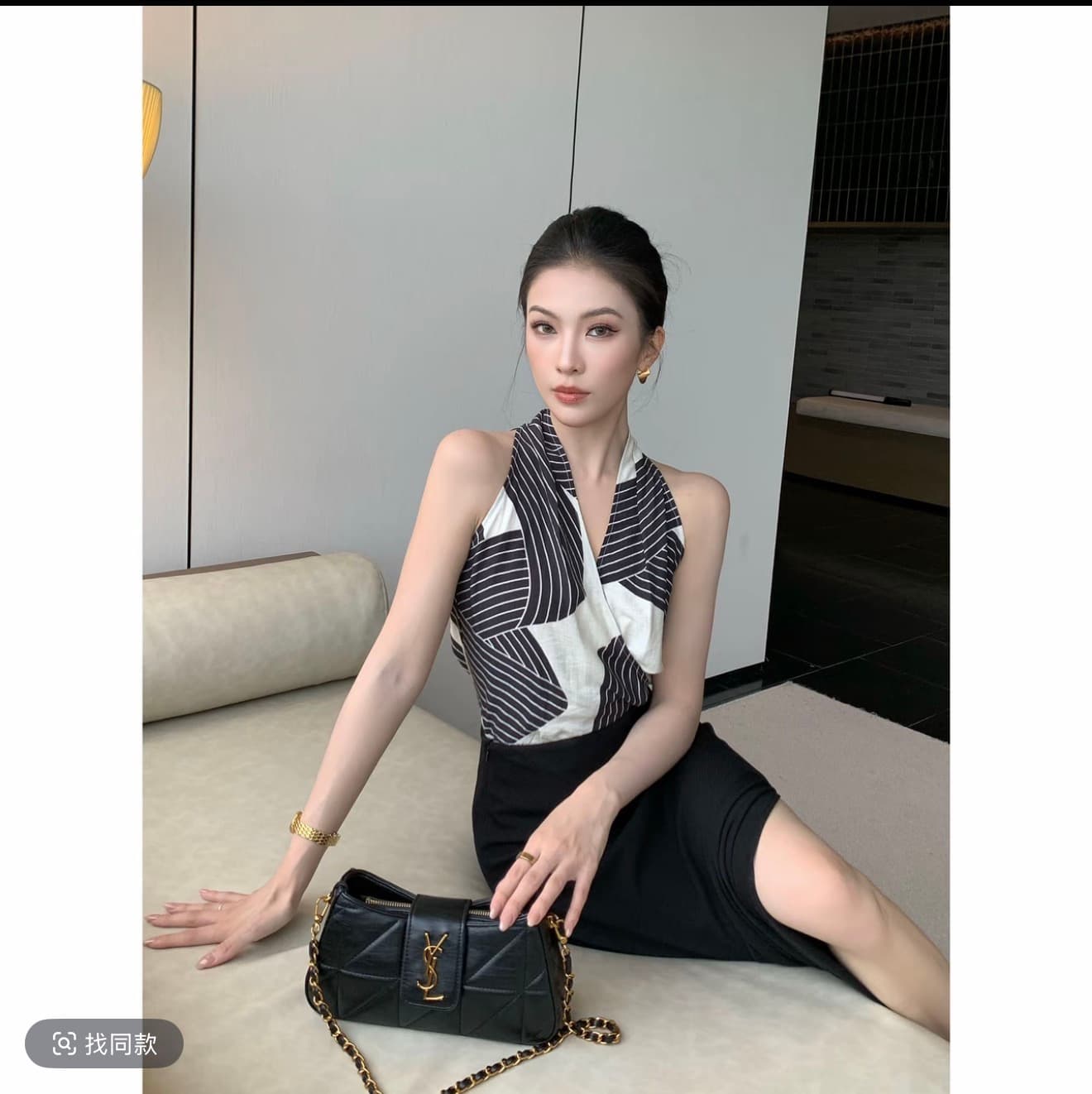 프랑스식 막대기 그림 스트라이프 행침 목 V넥 민소매 디자인 센스 맨위 리프트 엉덩이 슬림해 보이는 라이 경기 서울 캐주얼 긴 바지 상세 이미지 2