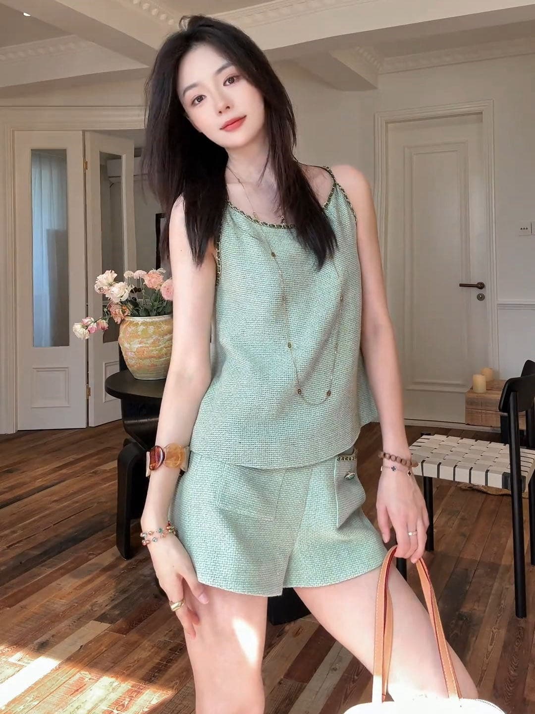 숲 가을 웨이 항구 럭셔리 조정 천 골드 센스 금속 체인 샤오시엔 슬립 바지 투피스 세트 세트 상세 이미지 2
