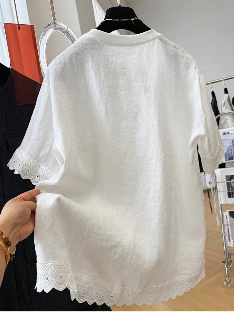 고급 센스 빛 럭셔리 캐주얼 순수한 반팔 티셔츠 여성 여름 얇은 스타일 레이스 레이스 품격 작은 셔츠 슈퍼 잘 생긴 맨위 이미지 5