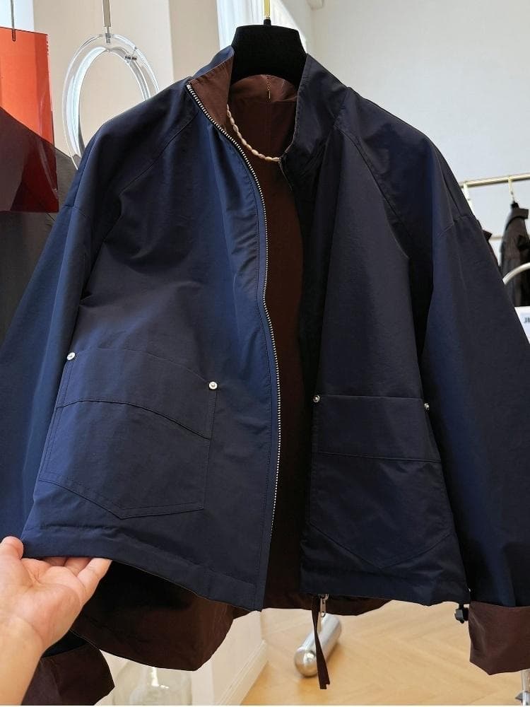 한 부서 고급 센스 배색 양면 착용 스탠드 칼라 캐주얼 워크웨어 여성 코트 가을 자이언트 잘 생긴 쇼트 스타일 바람막이 재킷 상세 이미지 19