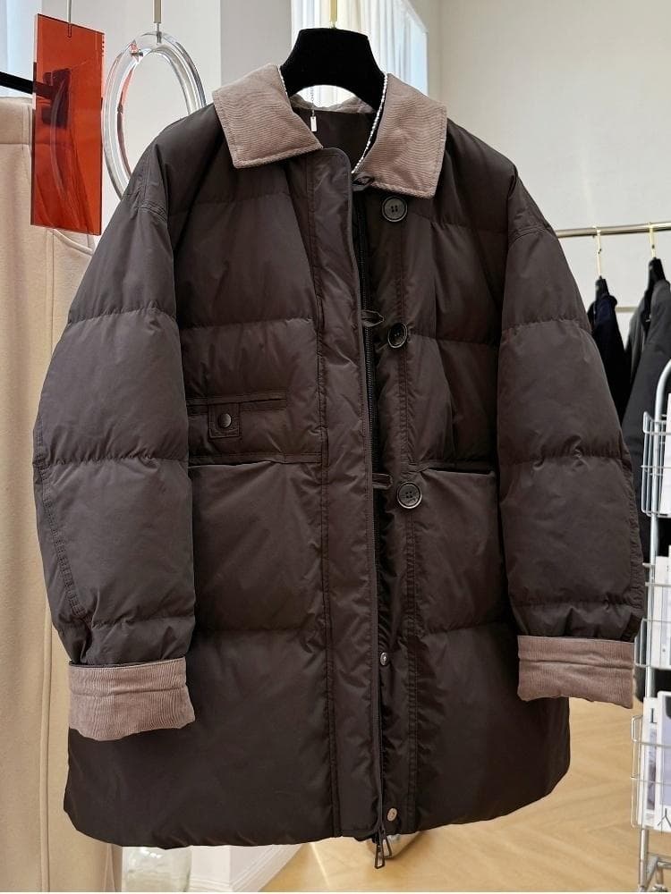 한 부서 고급 센스 바 En 바람 배색 폴로 칼라 중간 길이 면 옷 면 의류 여성 겨울 패션 패딩 재킷 보온 재킷 이미지 3