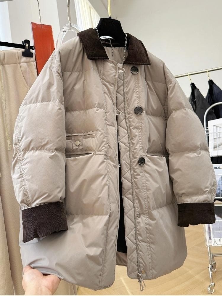 한 부서 고급 센스 바 En 바람 배색 폴로 칼라 중간 길이 면 옷 면 의류 여성 겨울 패션 패딩 재킷 보온 재킷 이미지 2