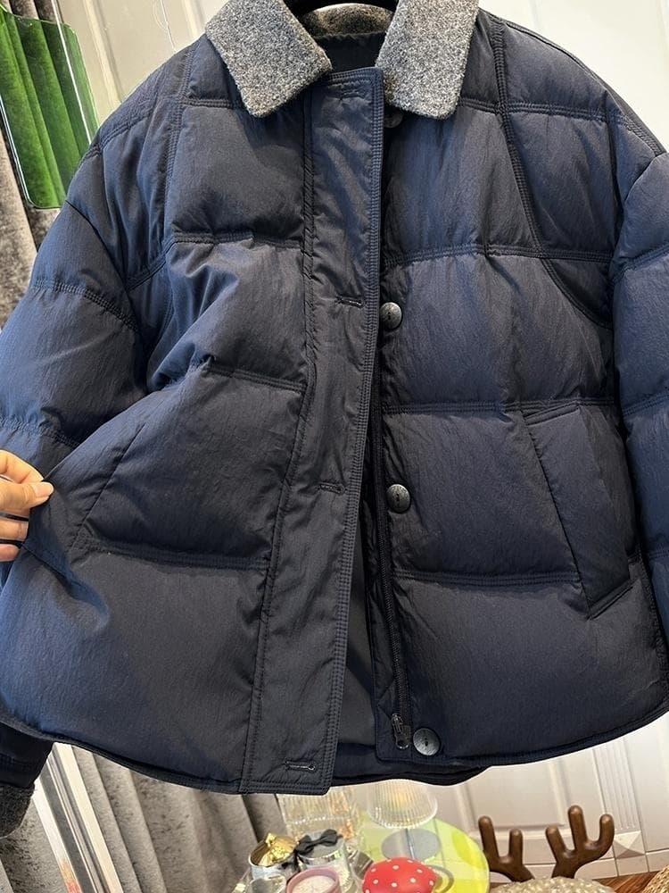 미니멀리즘 출퇴근 바람 모직 폴로 칼라 패치워크 패딩 재킷 여성 재킷 싱글 줄 버튼 루즈핏 느긋한 2025 겨울 새로운 상세 이미지 10
